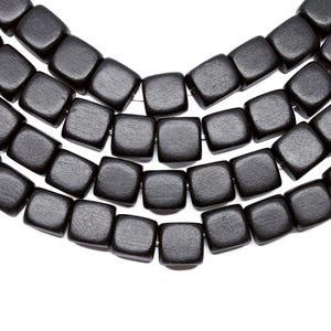 10mm Black Cube Wood Beads - Dyed and Waxed - 15 inch strand