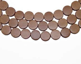 15mm Light Brown Flat Round Coin Wood Beads - Geverfd en Gewaxt - 15 inch streng