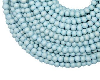 6mm Baby Blue Round Wood Beads - Dyed and Waxed - 15 inch strand