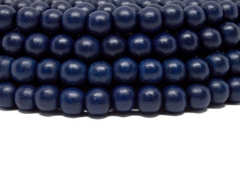 8mm Navy Blue Round Wood Beads - Dyed and Waxed - 15 inch strand