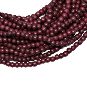 4-5mm Burgundy Red Round Wood Beads - Dyed and Waxed - 15 inch strand