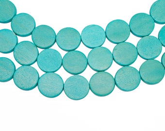 20mm Turquoise Flat Round Coin Wood Beads - Dyed and Waxed - 15 inch strand