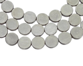 15mm Light Gray Flat Round Coin Wood Beads - Dyed and Waxed - 15 inch strand