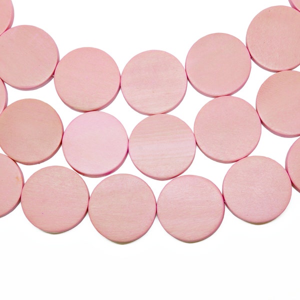 25mm Blush Baby Pink Flat Round Coin Wood Beads - Dyed and Waxed - 15 inch strand