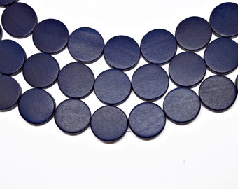 20mm Navy Blue Flat Round Coin Wood Beads - Dyed and Waxed - 15 inch strand