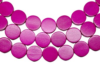 20mm Hot Pink Fuchsia Pink Flat Round Coin Wood Beads - Dyed and Waxed - 15 inch strand