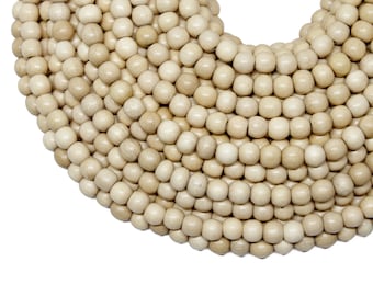 6mm Natural Beige Round Wood Beads - Waxed - 15 inch strand