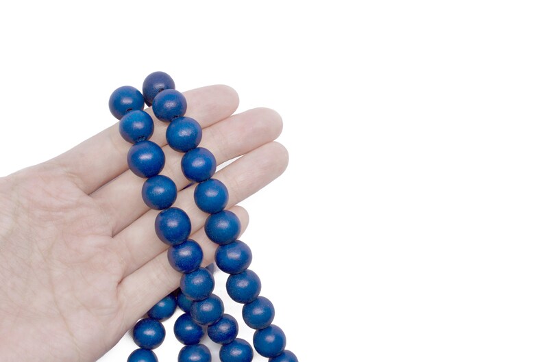 12mm Cobalt Blue Round Wood Beads Dyed and Waxed 15 inch strand image 2