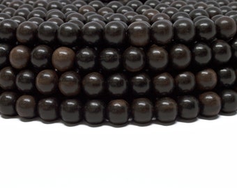 Ebony Kamagong 8mm Natural Round Wooden Beads - Polished Brown/Black Artisan Handcrafted Smooth Hard Heavy Dense Wood - 15 inch strand