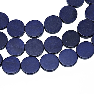 15mm Navy Blue Flat Round Coin Wood Beads - Dyed and Waxed - 15 inch strand