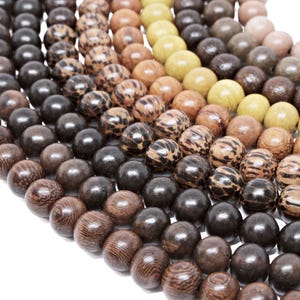 May include: A close-up of a variety of wooden beads in different shades of brown, beige, and yellow. The beads are arranged in a circular pattern, creating a visually appealing and textured design.