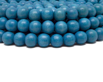 12mm Azure Blue Round Wood Beads - Dyed and Waxed - 15 inch strand