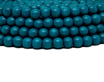 8mm Teal Blue Round Wood Beads - Dyed and Waxed - 15 inch strand