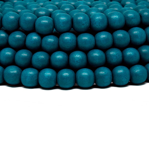 8mm Teal Blue Round Wood Beads - Dyed and Waxed - 15 inch strand