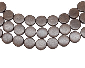 15mm donkerbruine platte ronde munt houten kralen - geverfd en gewaxt - 15 inch streng