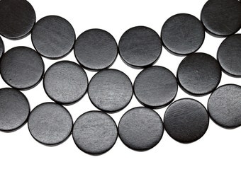 25mm Black Flat Round Coin Wood Beads Dyed and Waxed 15 inch strand