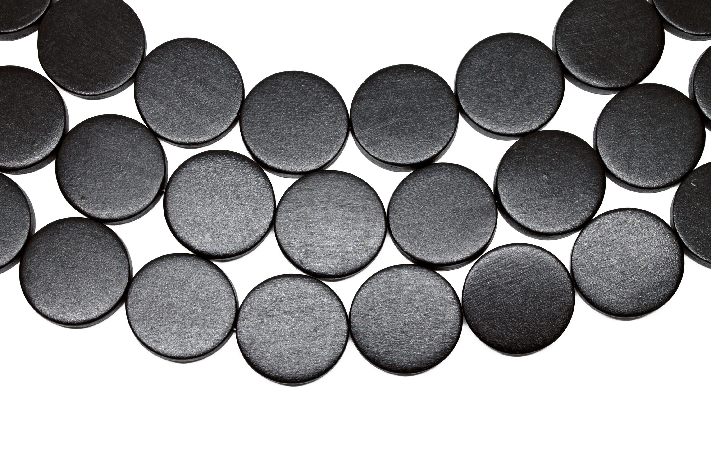 25mm Black Flat Round Coin Wood Beads Dyed and Waxed 15 inch strand