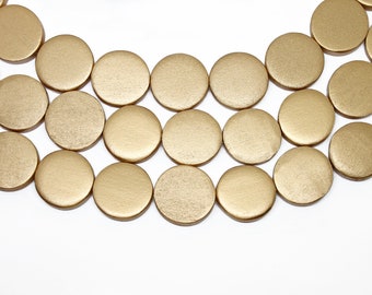 20mm Metallic Gold Flat Round Coin Wood Beads - Painted - 15 inch strand