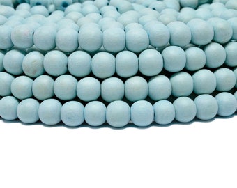 8mm Baby Blue Round Wood Beads - Dyed and Waxed - 15 inch strand