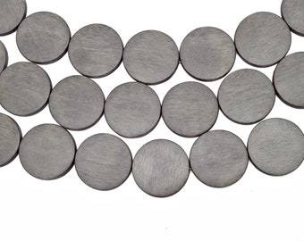 25mm Dark Gray Flat Round Coin Wood Beads - Dyed and Waxed - 15 inch strand