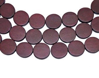 20mm Burgundy Red Flat Round Coin Wood Beads - Dyed and Waxed - 15 inch strand