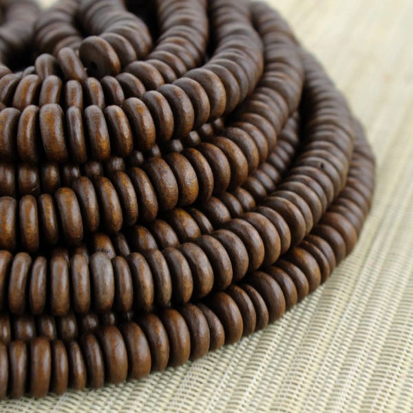 10mm Dark Brown Wood Pucalet Rondelle Beads - Dyed and Waxed - 15 inch strand