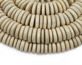 15mm Natural Beige Pucalet Rondelle Heishi Disc Wood Beads - Waxed Eco-Friendly Sustainable Cheesewood - Rustic Boho Ethnic - 8 inch strand