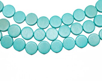 15mm Turquoise Flat Round Coin Wood Beads - Dyed and Waxed - 15 inch strand