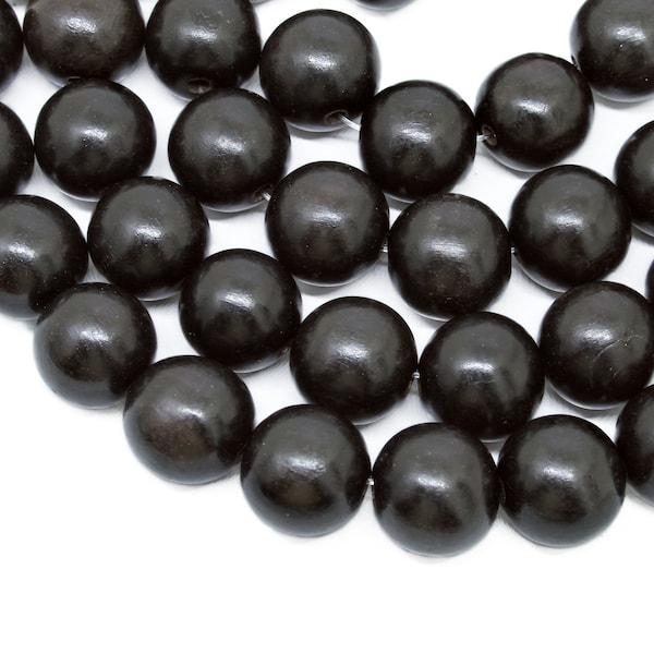 Ebony Kamagong 15mm Natural Round Wooden Beads - Polished Brown/Black Artisan Handcrafted Smooth Hard Heavy Dense Wood - 15 inch strand