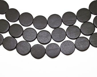 20mm Black Flat Round Coin Wood Beads - Dyed and Waxed - 15 inch strand