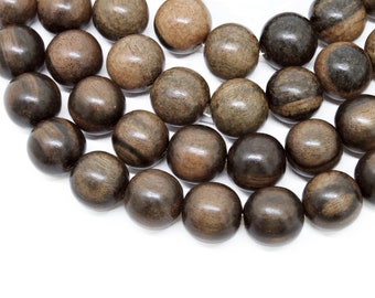 15mm Tiger Kamagong Ebony Round Premium Wood Beads - Waxed - 15 inch strand