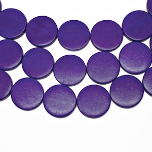 25mm Royal Purple Flat Round Coin Wood Beads - Teñida y encerada - hilo de 15 pulgadas