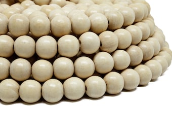 10mm Natural Beige Round Wood Beads - Waxed - 15 inch strand