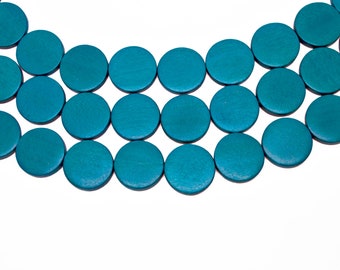 20mm Teal Blue Flat Round Coin Wood Beads - Dyed and Waxed - 15 inch strand