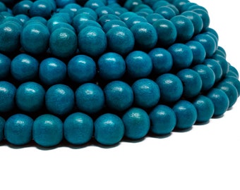 10mm Teal Blue Round Wood Beads - Dyed and Waxed - 15 inch strand