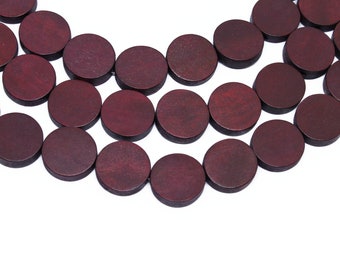 15mm Burgundy Red Flat Round Coin Wood Beads - Dyed and Waxed - 15 inch strand