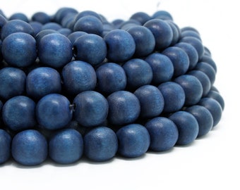 10mm Blue Round Wood Beads - Dyed and Waxed - 15 inch strand