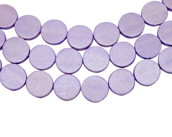 20mm Violet Tulip Lavender Flat Round Coin Wood Beads - Dyed and Waxed - 15 inch strand