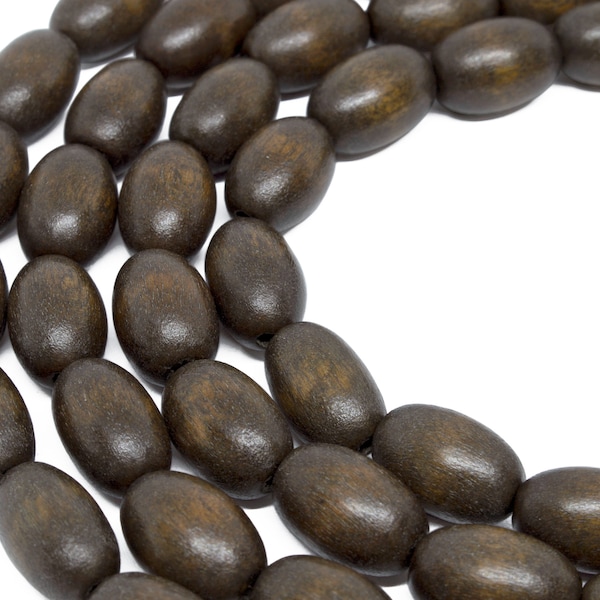 Cuentas de madera ovaladas de color marrón oscuro de 15 x 10 mm, teñidas y enceradas, tira de 15 pulgadas