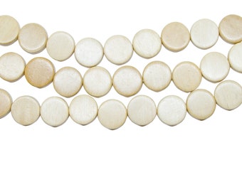 15mm Natural Beige Flat Round Coin Wood Beads - Waxed - 15 inch strand