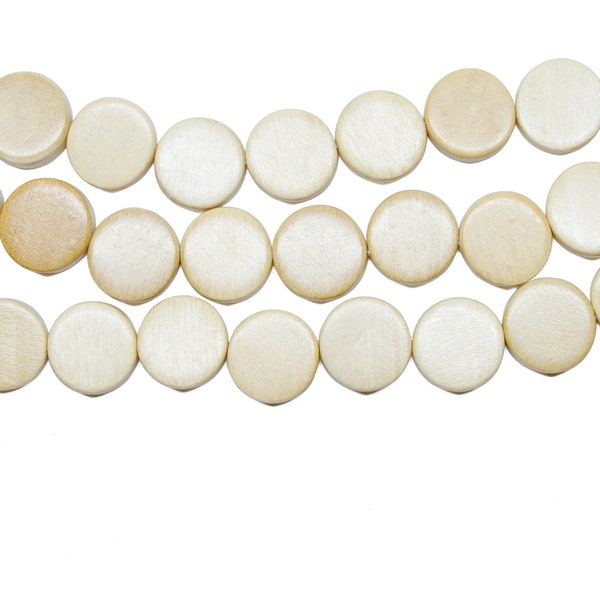 15mm Natural Beige Flat Round Coin Wood Beads - Waxed - 15 inch strand