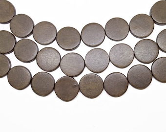 20mm donker bruin platte ronde munt hout kralen-geverfd en geparaffineerd-15 inch strand