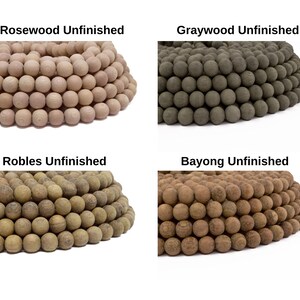 May include: Four close-up images of different types of wood beads. The beads are round and unfinished. The wood types are Rosewood, Graywood, Robles, and Bayong.