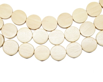 20mm Natural Beige Flat Round Coin Wood Beads - Waxed - 15 inch strand