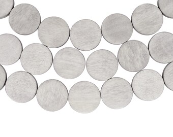 25mm Light Gray Light Taupe Flat Round Coin Wood Beads - Dyed and Waxed - 15 inch strand