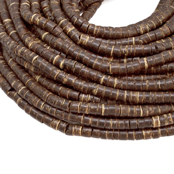 4-5mm Natural Dark Brown Coconut Shell Heishi Beads - Waxed - 23 inch strand