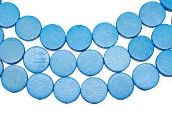 20mm Azure Blue Flat Round Coin Wood Beads - Dyed and Waxed - 15 inch strand