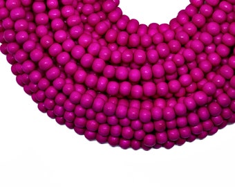 6mm Fuchsia Pink Round Wood Beads - Dyed and Waxed - 15 inch strand