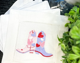 Custom Valentine's Day Embroidered Cocktail Napkins, Valentine Party Gift w/ Boots, Valentine Drink Coaster, Valentine's Day Hostess Gift