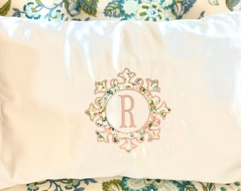 Personalized, appliquéd and embroidered toddler pillow with Mint Crush fabric